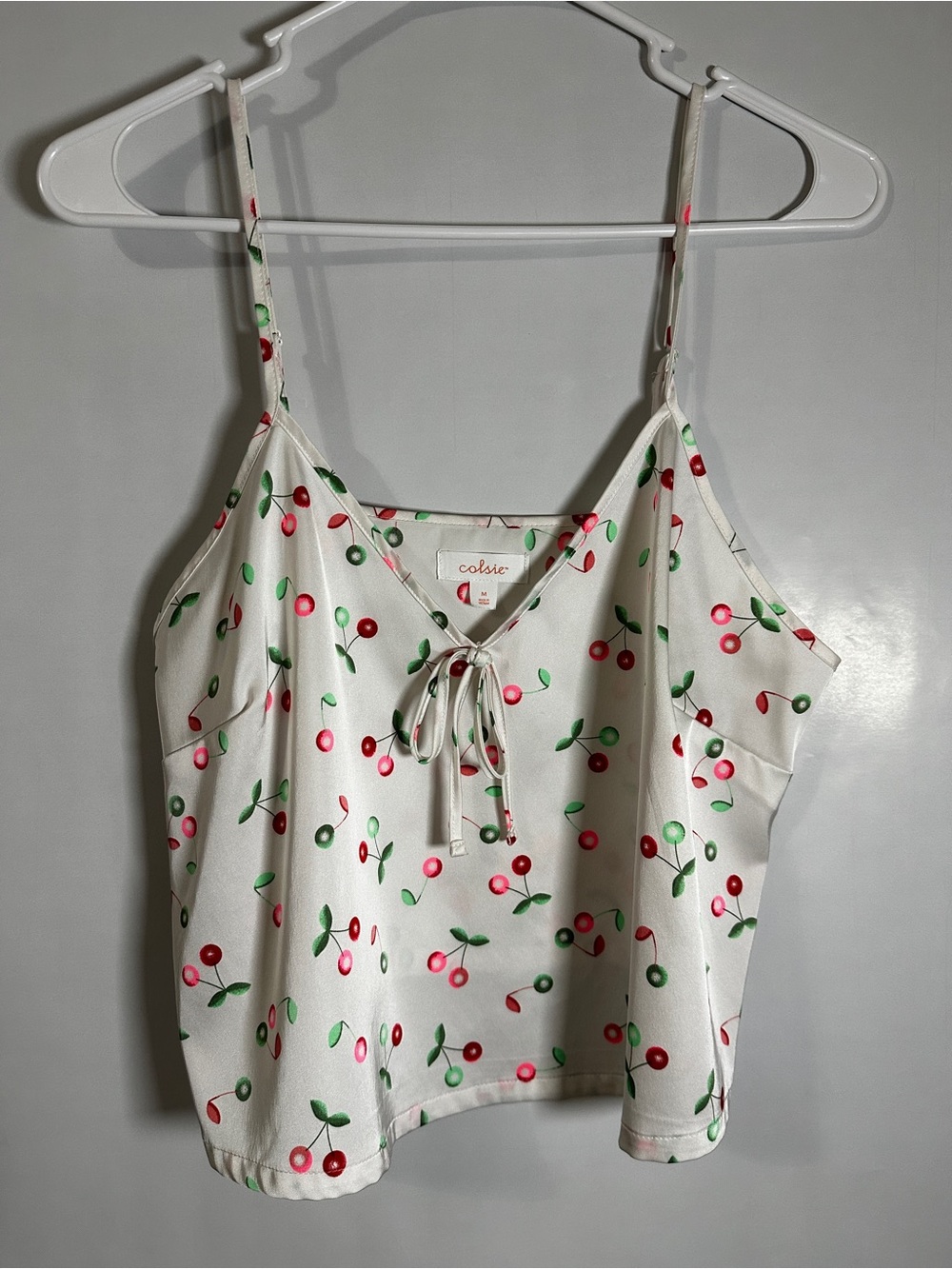 #130 Colsie White Cherry-Print Tie-Front Cami with Green Leaf Accents